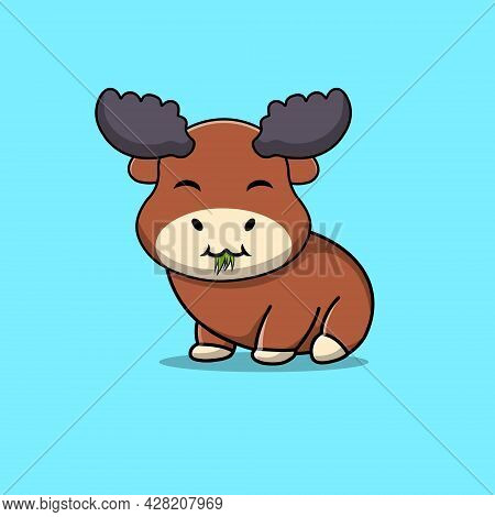 Cute Moose Eating Grass Cartoon Vector Icon Illustration. Animal Food And Drink Icon Concept Isolate