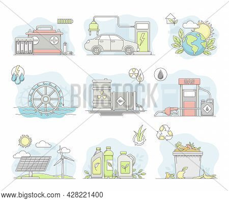 Energy Sources With Fossil Fuel, Nuclear Fuel And Renewable Resources Line Vector Set