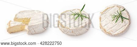 Fresh Camembert Cheese With Sliced Camembert Isolated. Camembert Cheese Piece With Rosemary On White