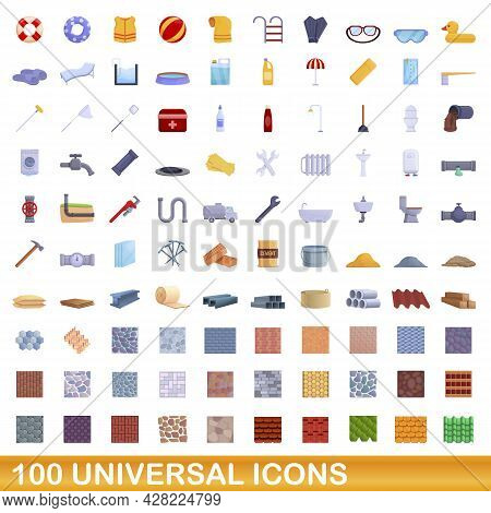 100 Universal Icons Set. Cartoon Illustration Of 100 Universal Icons Vector Set Isolated On White Ba