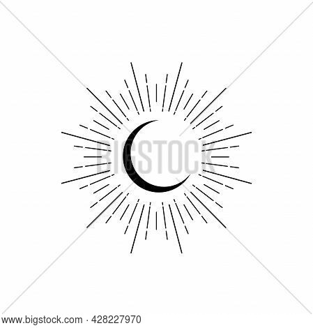 Black Paint Drawn Half Moon With Rays Isolated On White. Night, Sky, Dream, Sleep Symbol. Shining Cr