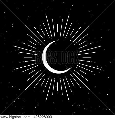 Half Moon With Rays On Black. Night, Sky, Dream, Sleep Symbol. Shining Crescent Vector Illustration.