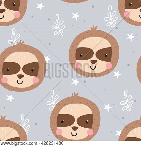 Seamless Pattern With Cute Doodle Sloth Print