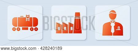 Set Oil Industrial Factory Building, Oil Railway Cistern And Businessman Or Stock Market Trader. Whi