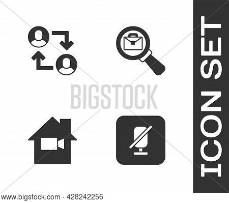 Set Mute Microphone, Project Team Base, Video Camera Off In Home And Magnifying Glass With Briefcase