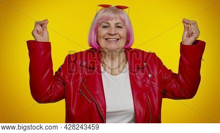 Keep Calm Down, Relax, Inner Balance. Mature Stylish Old Granny Woman Emo Breathes Deeply With Mudra
