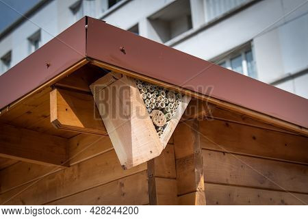 An Insect Shelter Has Been Installed On The Corner Of The Roof Of A Hut Near An Urban Vegetable Farm