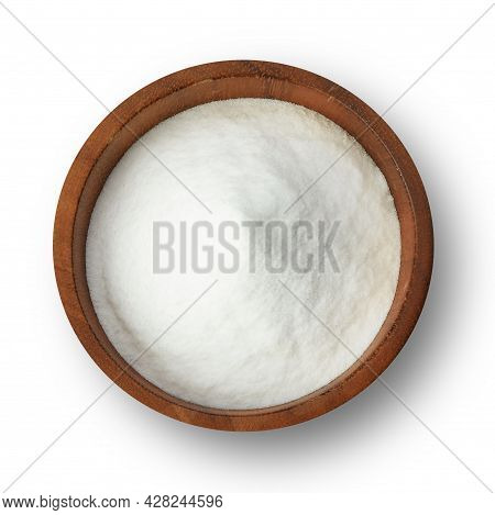 Top View Of Sodium Bicarbonate In Wooden Bowl Isolated On White Background