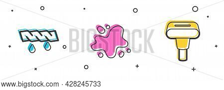 Set Squeeze Clothes, Water Spill And Garment Steamer Icon. Vector