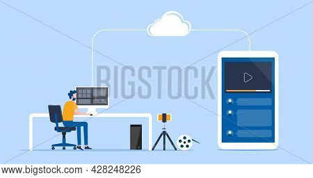 flat vector illustration video editor team working and making a video clip for online upload and share work on cloud with group people target on social network concept