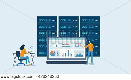 Business People Analytics And Monitoring On Web Report Dashboard Monitor Concept And Vector Illustra