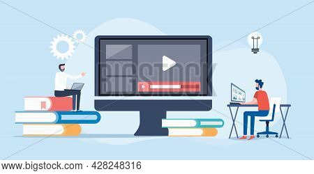Flat Vector Illustration Video Editor Team Working And Making A Video Clip For Online Upload And Sha