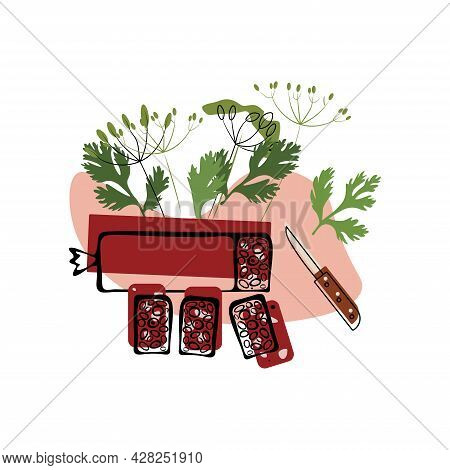 Part And Sliced Salami Sausage With A Knife With Natural Herbs. Salami Day. Manual Drawing Of A Flat