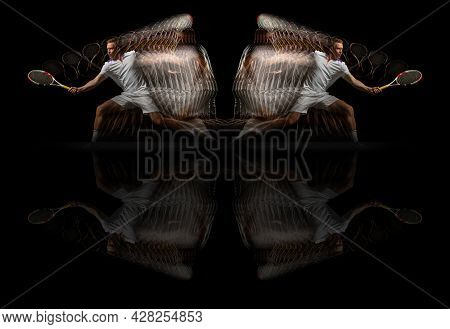Collage Of Images Of One Young Man, Male Tennis Player In Motion And Action Isolated On Dark Backgro