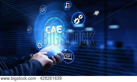 Cae Computer-aided Engineering Software System Concept. Businessman Pressing Button On Screen