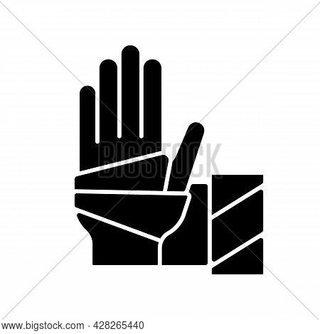Medical Bandage Black Glyph Icon. Bandaged Hand. Sterile Wound Dressing. Stop Bleeding. Medical Gauz