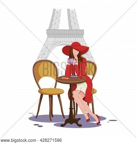Beautiful Brunette Girl In A Street Cafe In Paris, Drinking Coffee And Eating A Croissant. Girl In A