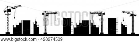 Construction Of A New Microdistrict Of The City. Silhouette. Cranes And Tractors. Modern Technologie