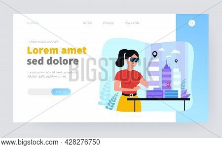 Female Architect Engineer Building 3d City Model In Digital Glasses Flat Vector Illustration. Cartoo