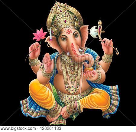 Indian God Ganesha, Indian Lord Ganesh, Indian Mythological Image Of Ganesha.
