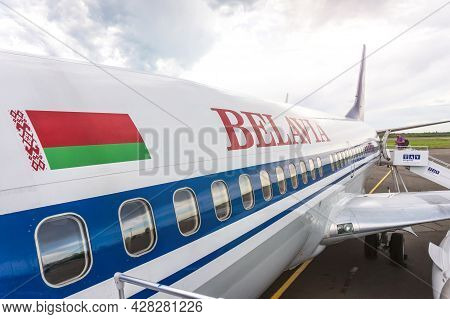 Belavia Belarusian Airlines Boeing 737-36m Plane Departure, Logo And Flag Close-up. Batumi, Georgia 