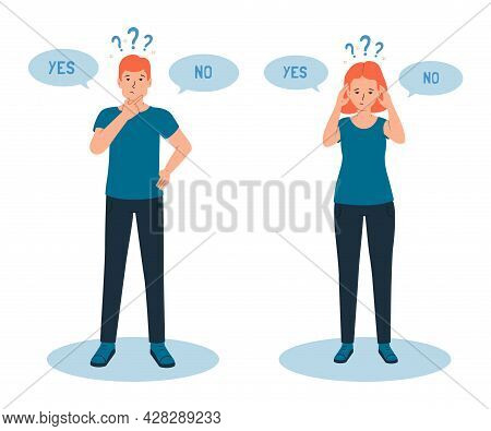 Man And Woman Have A Sense Of Doubt, It Is Difficult To Make The Right Choice, Yes Or No. The Concep