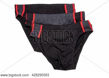 Underware Isolated. Close-up Of Three Black Male Underware Or Underpant Isolated On A White Backgrou