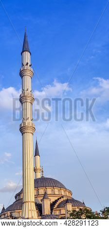 Close Up Of The Minarets Of The Mosque. Islam, Religion And Architecture. Islamic Background Mosque.