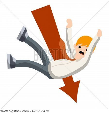 Office Problem. Collapse And Bankruptcy. Red Arrow. Crisis And Scared Guy. Cartoon Flat Illustration