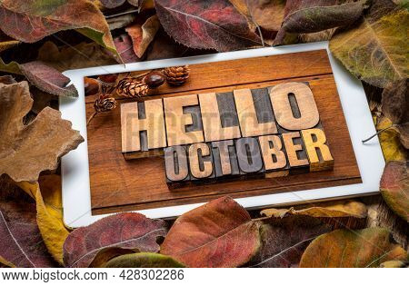 Hello October - word abstract in vintage letterpress wood type blocks on a screen of a digital tablet with colorful dried leaves