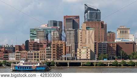 Pittsburgh, Pennsylvania, Usa July 25, 2021 Part Of Downtown Pittsburgh Behind A Ship From The Gatew