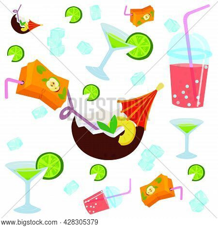 Summer Drinks: Juice, Coconut Cocktail, Martini, Lemonade.