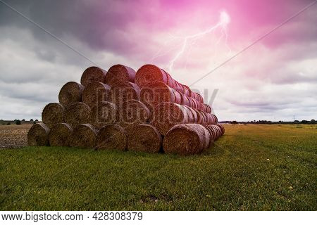 Gray Sky And A Flash Of Lightning On The Field