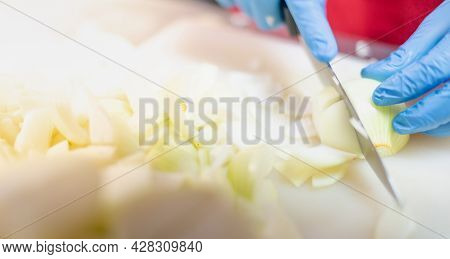 Chef Cutting Onion For Prepare Raw Material For Cooking The Lunchbox For Customer To Take Away At Th