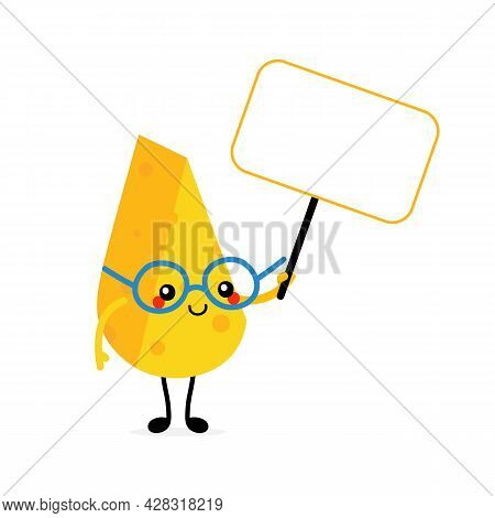 Cute Smart Cartoon Style Cheese Chunk, Dairy Product Character Holding In Hands Blank Sign, Banner, 