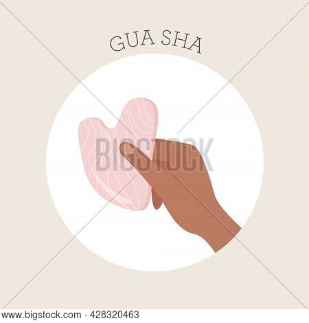 Gua Sha Jade Scraping Massage Tool In Hand. African Female Holding Natural Pink Quartz Stone Scraper