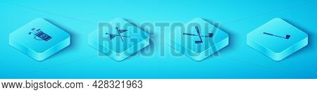 Set Isometric Golf Bag With Clubs, Flag, And Crossed Golf Icon. Vector