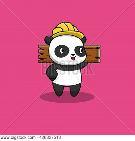 Cute Panda Holding Wood Cartoon Vector Icon Illustration. Animal Character Icon Concept Isolated Pre