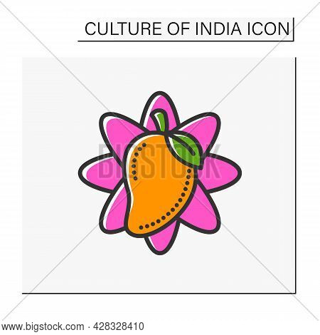 Mango Fruit Color Icon. Tropical, Exotic Fruit. Sacral, Totem Plant. Indian National Symbol. Indian 