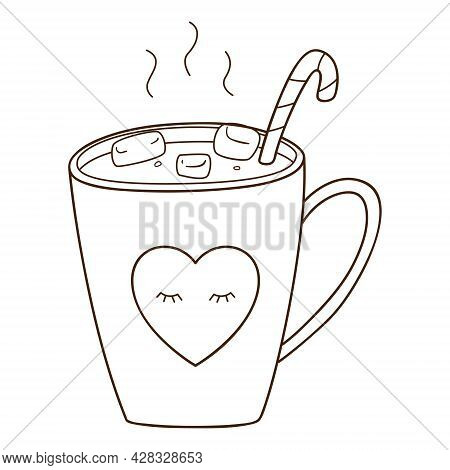 A Cup Of Hot Cocoa With Marshmallows And A Candy Cane. A Hot, Invigorating, Morning Drink. Design El
