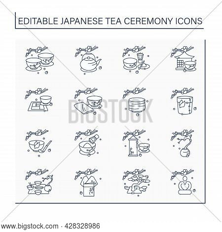 Japanese Tea Ceremony Line Icons Set. Japanese Ethnic And National Ritual. Japan Ancient Tradition. 