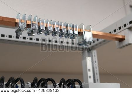 Copper Electric Busbars For The Organization Of Protective Grounding In The Electrical Panel.