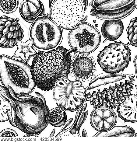 Seamless Pattern With Black And White Papaya, Guava, Passion Fruit, Starfruit, Durian, Rambutan, Pit