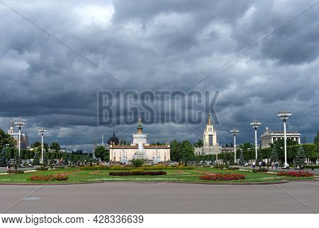 Moscow, Russia - June 30, 2021: Panoramic View Pavilion No. 58. Center Word, The Stone Flower Founta