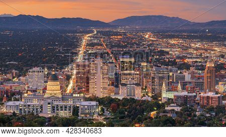 Salt Lake City, Utah, USA downtown city skyline at dusk.