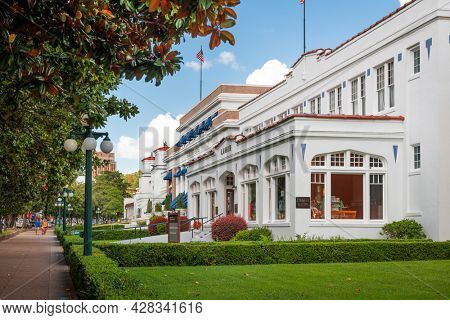 HOT SPRINGS, ARKANSAS - SEPTEMBER 4, 2018:  The Lamar and Buckstaff Baths in Hot Springs. The city is known for the historic hot springs bathhouses.