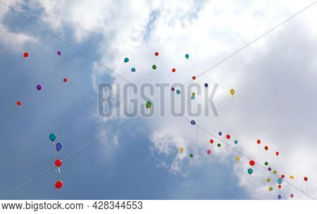 Colorful Balloons Inflated With Helium Flying High In The Sky During The Celebrations