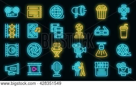 Cinematographer Icons Set. Outline Set Of Cinematographer Vector Icons Neon Color On Black