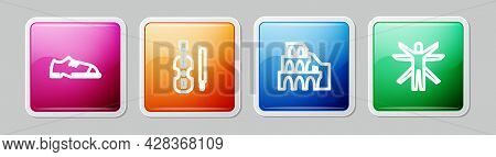 Set Line Men Shoes, Violin, Coliseum Rome And Vitruvian Man. Colorful Square Button. Vector