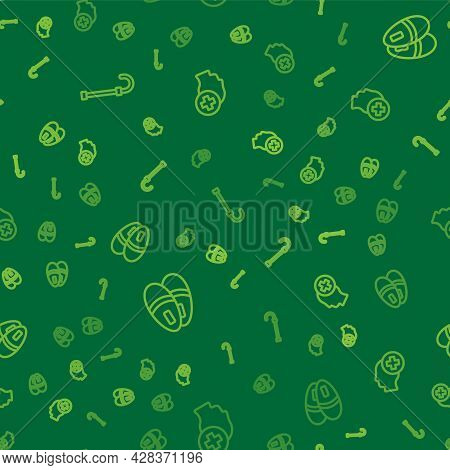 Set Line Walking Stick Cane, Slippers And Male Head With Hospital On Seamless Pattern. Vector